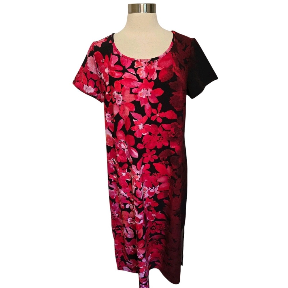 Bob Mackie Short‎ Sleeve Maxi Dress Large Petite Red Floral Hawaiian Print